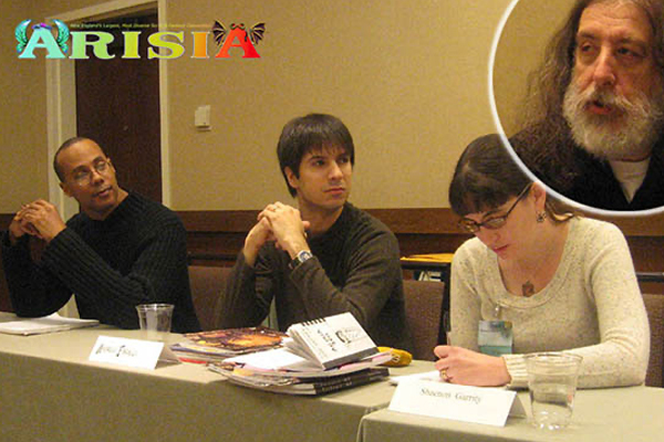 David Marshall, Andrew Farago, Shaenon Garrity, and Ken Gale working The History of Comics panel of Arisia 2011