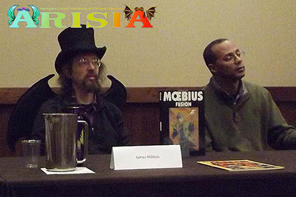 James Mobius and David Marshall working the Moebius Retrospective at Arisia 2013
