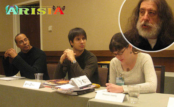 David Marshall, Andrew Farago, Shaenon Garrity, and Ken Gale working The History of Comics panel of Arisia 2011