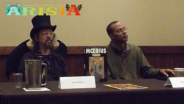 James Mobius and David Marshall working the Moebius Retrospective at Arisia 2013